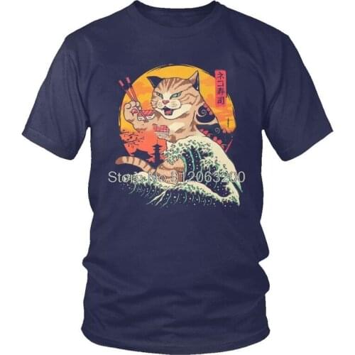 Tvoe Neko Sushi Wave T-Shirts Men Fashion T Shirt Short Sleeve Japan Retrowave Feline Cat Tshirts Cotton Tee Top Streetwear