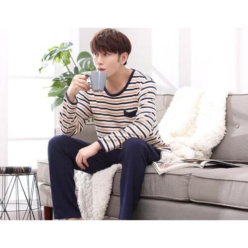 2019 no brand fashion men shipping cloth 100%cotton o-neck blue and pink strips coat and blue pant free shipping
