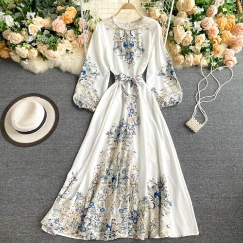 New Women Party Dress Spring Autumn Long Sleeve Slim A Line Long Dresses Elegant Ladies Vintage Floral Printed Boho Dress Robe
