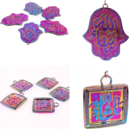 New 2pcs/lot Rainbow Color zinc Alloy Fatima Hand Pendant Charms Lucky Amulet Gifts Necklaces Accessories Religious amulet