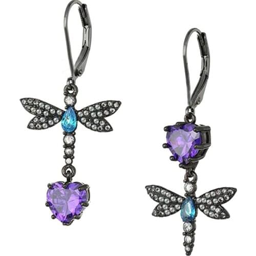 CIZEVA Charms Jewelry 2020 New Arrival Animal Dragonfly Drop Earrings for Women Trendy Heart Shape Zircon Black Gold Earrings