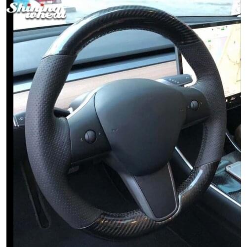 PU Carbon Fiber Hand-Stitched Steering Wheel Covers Braid forTesla Model 3 2017-2020 Model Y 2020-2021