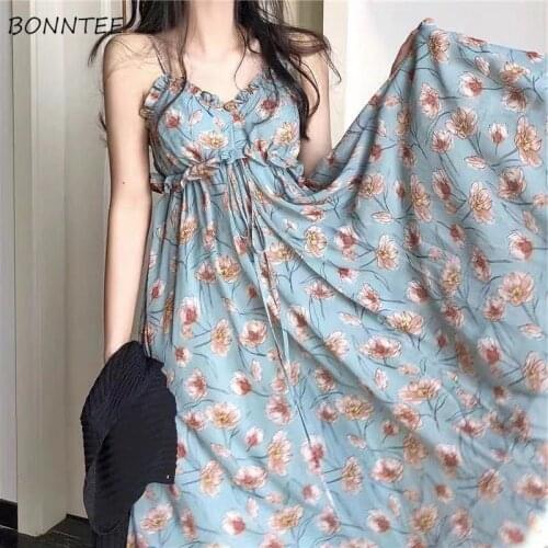 Dresses Women Chiffon Stylish Ulzzang Floral Temperament Summer Ruffles Chic Mujer Vestidos Party Wear Casual Mid-calf Female