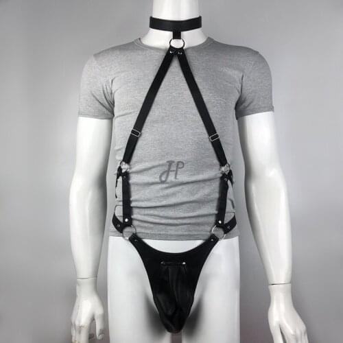 Fetish Men Gay BDSM Bondage Harness Set Men PU Leather Adjustable Body Harness Restraint Open Crotch Pants With Scrotum Bag