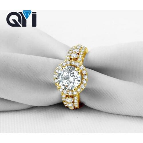 QYI Unique Design Women Halo ring Round cut 2 ct Sona Simulated Diamond 14K Solid Yellow Gold Female wedding Band Rings