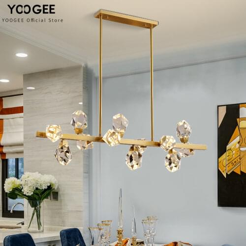 YOOGEE Gold Chandeliers Modern LED Chandelier Crystal rectangle Brass Kitchen Hanging Lamp Indoor Lighting золотая люстра