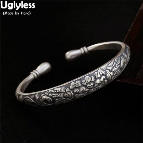 Uglyless Prosperous Blooming Peony Flower Bangles for Women Vintage Silver Fine Jewelry Solid 99.9% Silver Floral Open Bangles
