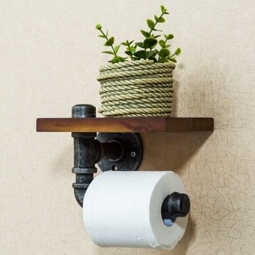 Vintage Handicraft Urban Industrial Wall Mount Wood Storage Shelf Iron Pipe Toilet Paper Holder Roller Restaurant Restroom