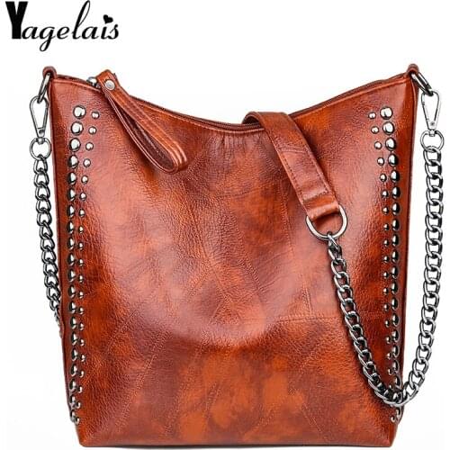 Retro Large Capacity Women Tote Bag Fashion Chain Rivet Bead Shoulder Bags Lady Commuting Pu Leather Purses and Handbags Bolsas