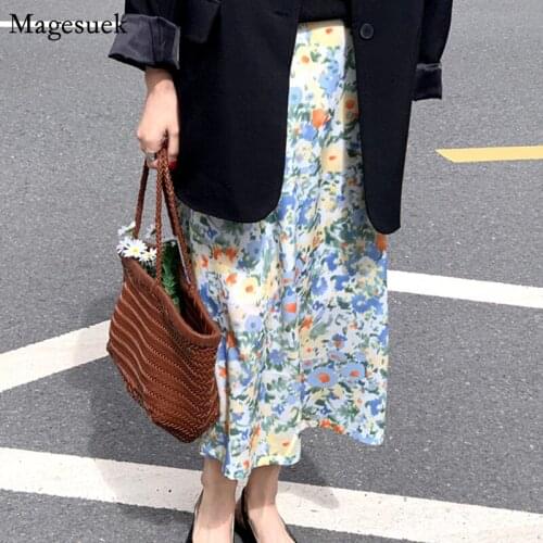 2021 korean style Summer Autumn Vintage Midi Woman Skirts High Waist A-line Skirts Womens Print Floral Elegant Long Skirt 9945
