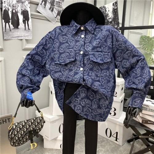 Womens denim shirt 2021 personalized printing retro pattern washed single-breasted long-sleeved denim printed shirt women