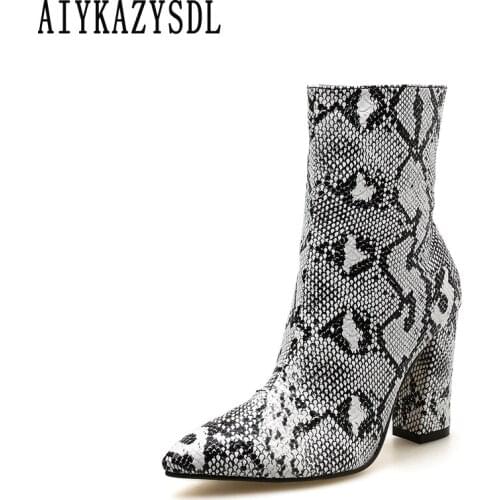 AIYKAZYSDL Leopard Snakeskin Print Boots Women Thick Block High Heel Ankle Boots Biker Motorcycle Boots Fetish Shoes Bootie