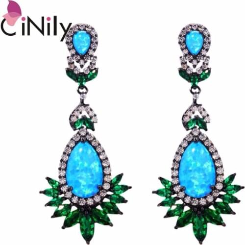 CiNily Created Blue Fire Opal Green Quartz Cubic Zirconia Black Gold Color Wholesale Women Jewelry Stud Earrings 2 1/2" OH3714