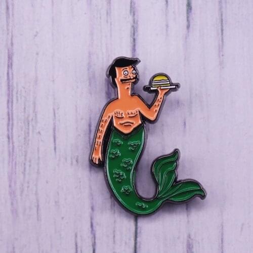 Bob Holding Humburger Lapel pin With Green Fish Mermaid Tail Cartoon Brooch For Coat Scarf Sweater Badge