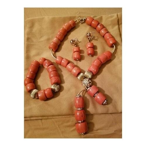 2018 Fashion Natural Coral Pendant Necklace Set New Original Coral Bridal Jewelry Set for Women African Wedding Beads ABH797