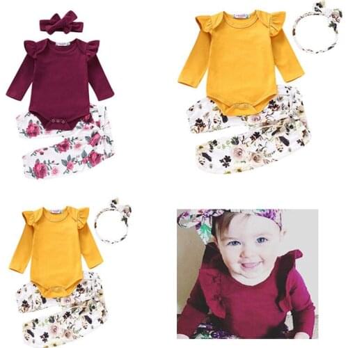 New Arrivels Baby Floral 3pcs Ruffles Clothes Jumpsuit Romper Pants Headband Outfit Set