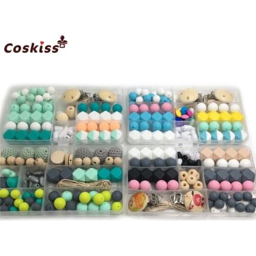 4pc DIY Baby Teether Accessories Geometry Hexagonal Round Silicone Bead Wooden Bead And Crochet bead Pacifier Clips For Bracelet