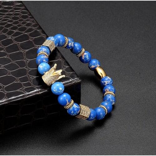 Charm Men Women 8mm Natural Stone Bead Bracelets Crown Black/white Zircon Gear Braided Luxurious Bracelet Adjustable Pulseras