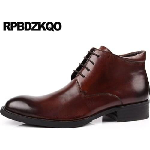 Dress Business Shoes Fur Formal Chukka Brown Ankle Genuine Leather Mens Pointed Toe Boots Booties Party Full Grain Winter