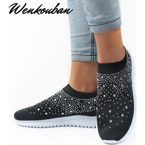 Bling Sneakers Women Crystal Casual Vulcanized Shoes Woman Slip On Sock Flats Shoes Female Loafers Zapatillas Mujer 2020