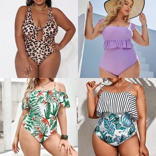Summer Sexy One-piece Large Size Swimwear stripe Women big Plus Size Leopard Swimsuit Female Bathing Suit For Pool Beach Wear