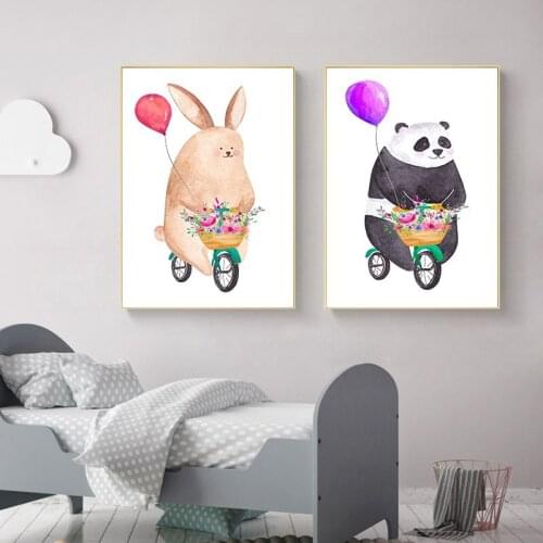 Cartoon Cat White Rabbit Panda Float Car Step Bicycle Canvas Painting Print Poster Picture Home Wall Art Decoration Wall Sticker