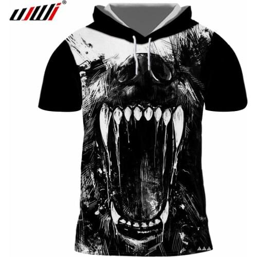 UJWI Mens Hooded Tshirts Cool Print Horrible Skull 3d Hoody T-shirts With Hat Hombre Slim Fit Bodybuilding Fitness Undershirts