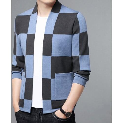 Stylish England Plaid Blue Cardigan For Mens Yellow Sweater Vintage Knitted Jackets Checked New 2021 Winter Autumn Mens Clothing