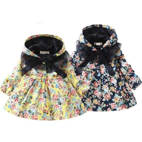 New 2020 spring autumn girls coats and jackets children Casual Hooded long coat kids clothes girl Thin Fresh print bow outerwear