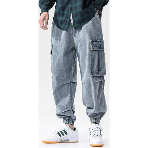 2020 Autumn New Japanese Large Size Mens Jeans Plus-sized Washed Cargo Pocket Beam Feet Capri-Pants