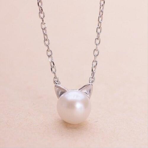 New Fashion 925 Sterling Silver Jewelry Not Allergic Temperament Pearl Cat Cute Animal Beautiful Pendant Necklaces N072