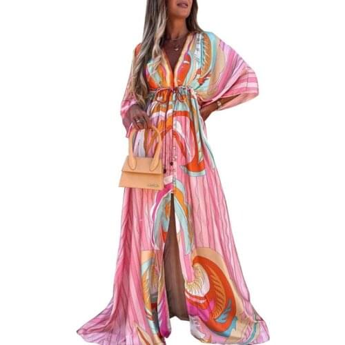 Women Gorgeous Print Hem Maxi Dress Summer Boho Deep V Button Party Dresses Elegant Slit Elastic Waist Beach Long Dress