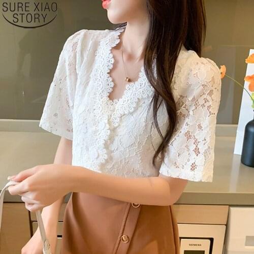 Korean Chic Crochet Lace Blouse 2021 Summer New Vintage Short Sleeve Womens Shirt Chiffon V-neck Solid Ladies Tops Blusas 14436