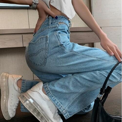 Summer Denim Trousers Y2k Baggy Wide Leg Jeans High Waist Light Blue Love Pocket Loose Casual Straight Light Hole Fashion Pants