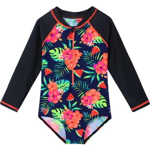 BAOHULU One Piece Girls Swimsuit Flower Print Long Sleeve Beachwear Children Water Sport Swimming Suit Bathing Wear