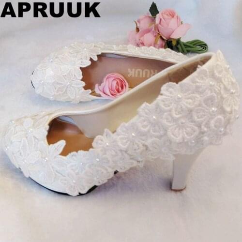 High heels platforms white lace wedding shoes women female ladies fashion heeled brides pumps shoes ladies party dress shoe
