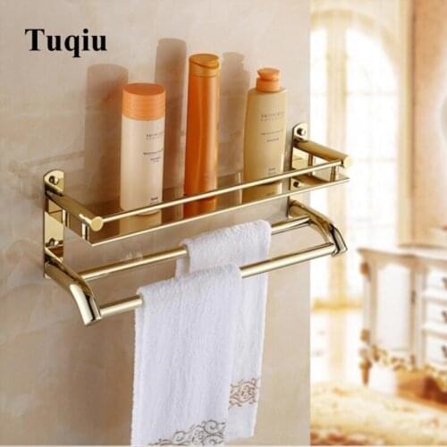 Stainless Steel Towel Racks Bathroom gold Finish foldable Bath Towel Shelves Towel Bar Bath Hardware double level with hooks