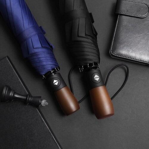 10 Bone Windproof Three Fold Automatic Umbrella Folding Men Business Solid Wood Vintage Windproof Large Golf Umbrellas B50
