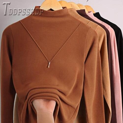 2019 Korean Slim Lining With Fluff Women T Shirt Solid Color Long Sleeve Female Tee Shirts