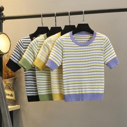 2021 Womens Stripe Knitted T-Shirt Summer Round Neck Short Tees Top Korean Style Female Casual Slim Harajuku Tshirt