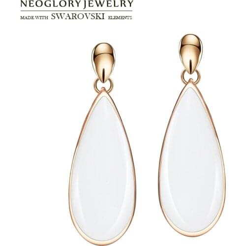 Neoglory Enamel Paint Rose Gold Color Water Drop Style Long Earrings For Lady Wholesale Elegant Design Jewelry Gift