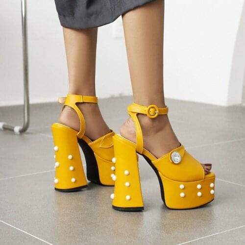 OLOMLB Womens Peep Toe Rivet Gladiators Roman Shoes Pearls Retro Chunky High 5.9" Heel Platform Punk Large Size 35-46