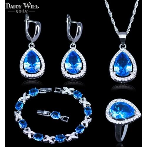 Natural Silver Color Jewelry Sets For Women Sky Blue Cubic Zirconia Angelic Wedding Necklace Rings Earrings Bracelet