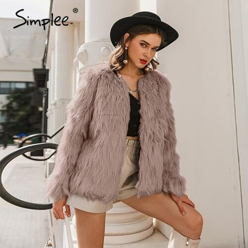 Simplee Casual furry faux fur coats women Fake fur coat female short pink coat 2020 winter clothing party colored fur overcoat
