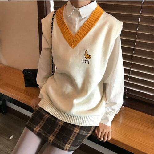 Korean Style Women Clothes Kawaii Sweater Vest Preppy Style V-Neck Fruit Print Sleeveless Sweet Knitted Vest Pullover Women