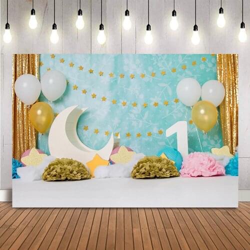 1st Birthday White Moons Birthday Backdrop for Photography Baby Childrens Red Curtain Photo Background Prop Photocall Balloons