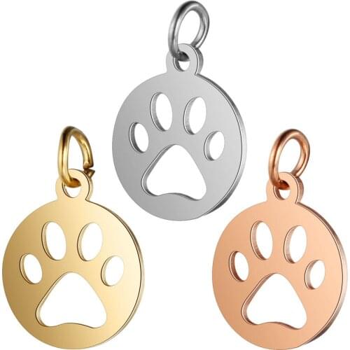 5pcs/lot 12mm Stainless Steel Dogs Paw Round Pendant Bracelet Charms DIY Crafting Jewelry Making Handicraft Accessories