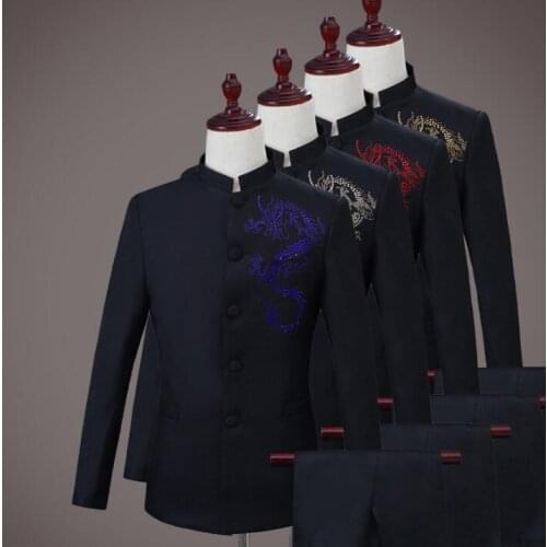 Blazer men formal dress latest coat pant men Chinese tunic suit Hot drilling terno masculino trouser wedding suits for mens
