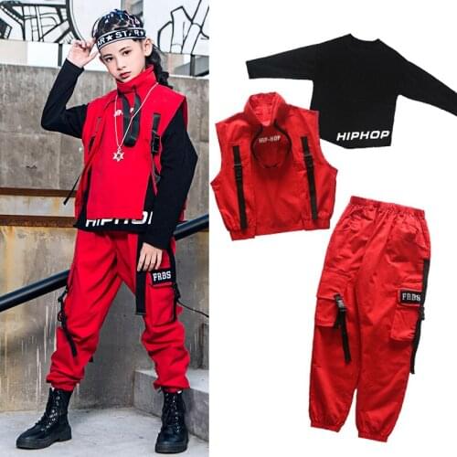 Kids Trend Hiphop Clothing For Boys Girls Jazz Performance Costume Red Vest Trousers Modern Ballroom Dance Clothes Rave VDB2525