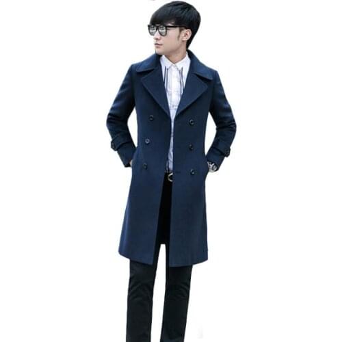 Long casual woolen coat men blue trench coats 8XL 9XL long sleeves overcoat mens cashmere coat casaco masculino inverno england